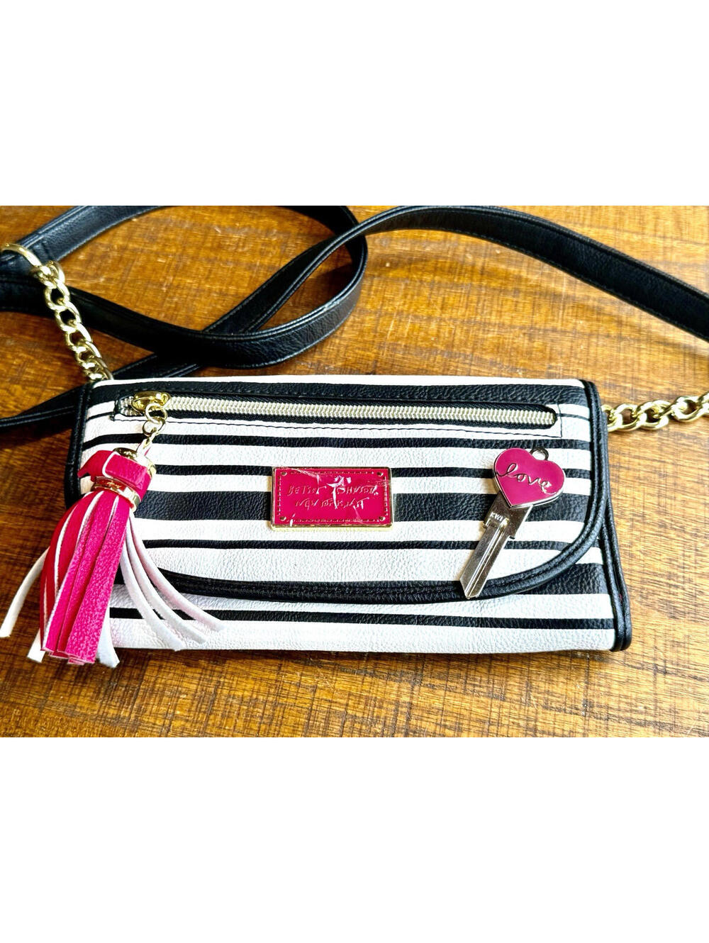 Betsey Johnson Striped Small Crossbody Clutch Bag Wallet Key Bag CHARM & Tassel